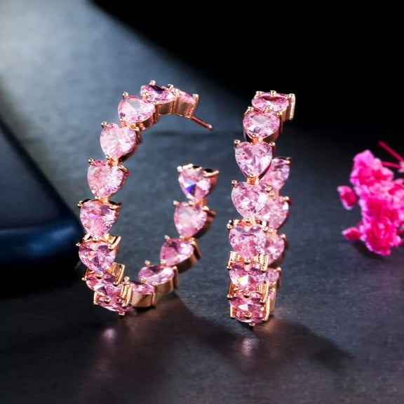 Romantic Heart Pink Round Circle Tennis Big Hoop Earrings CZ Rose Gold Jewelry