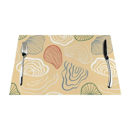 

XMXT 4 Pcs Woven Placemats Shell Texture Yellow Graffiti Stain Resistant Anti-Skid Placemat for Kitchen Table 12 x 18 inches