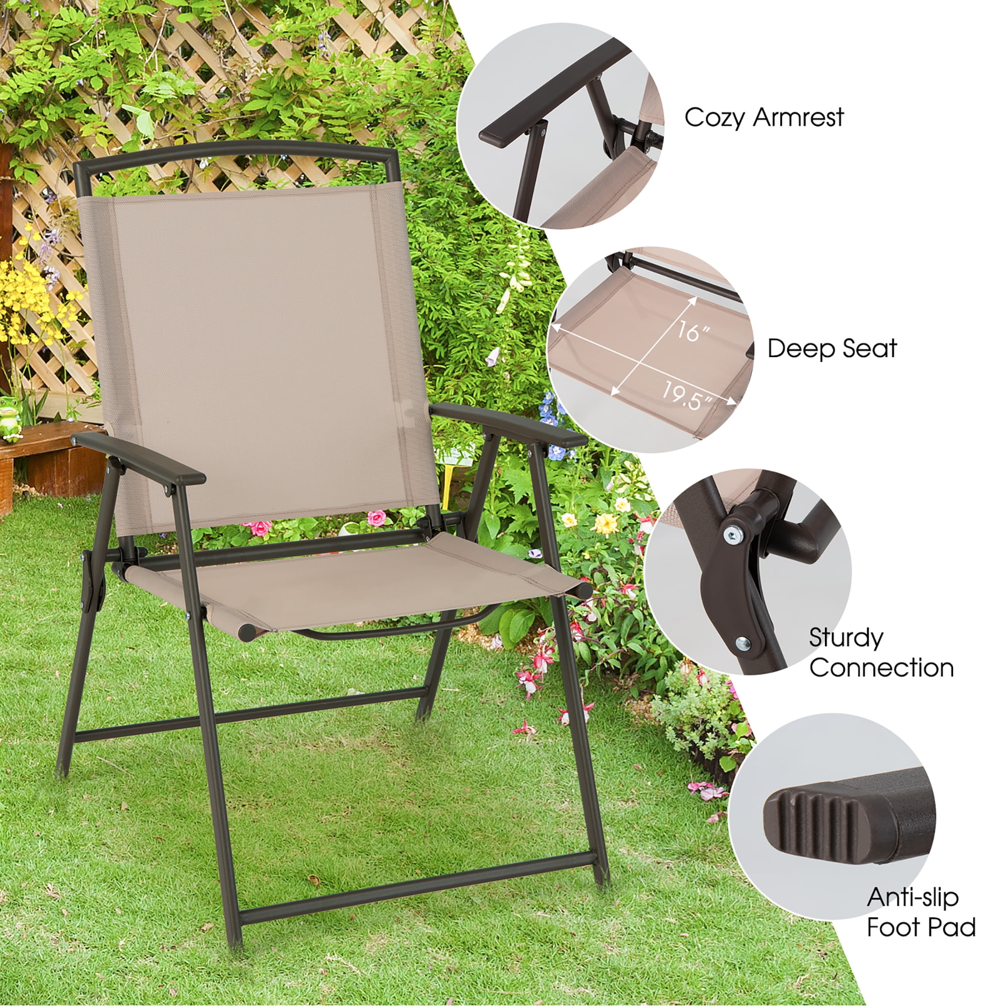 Costway 4 pcs Patio Folding Sling Dining Chairs Armrests Steel Frame Outdoor Beige
