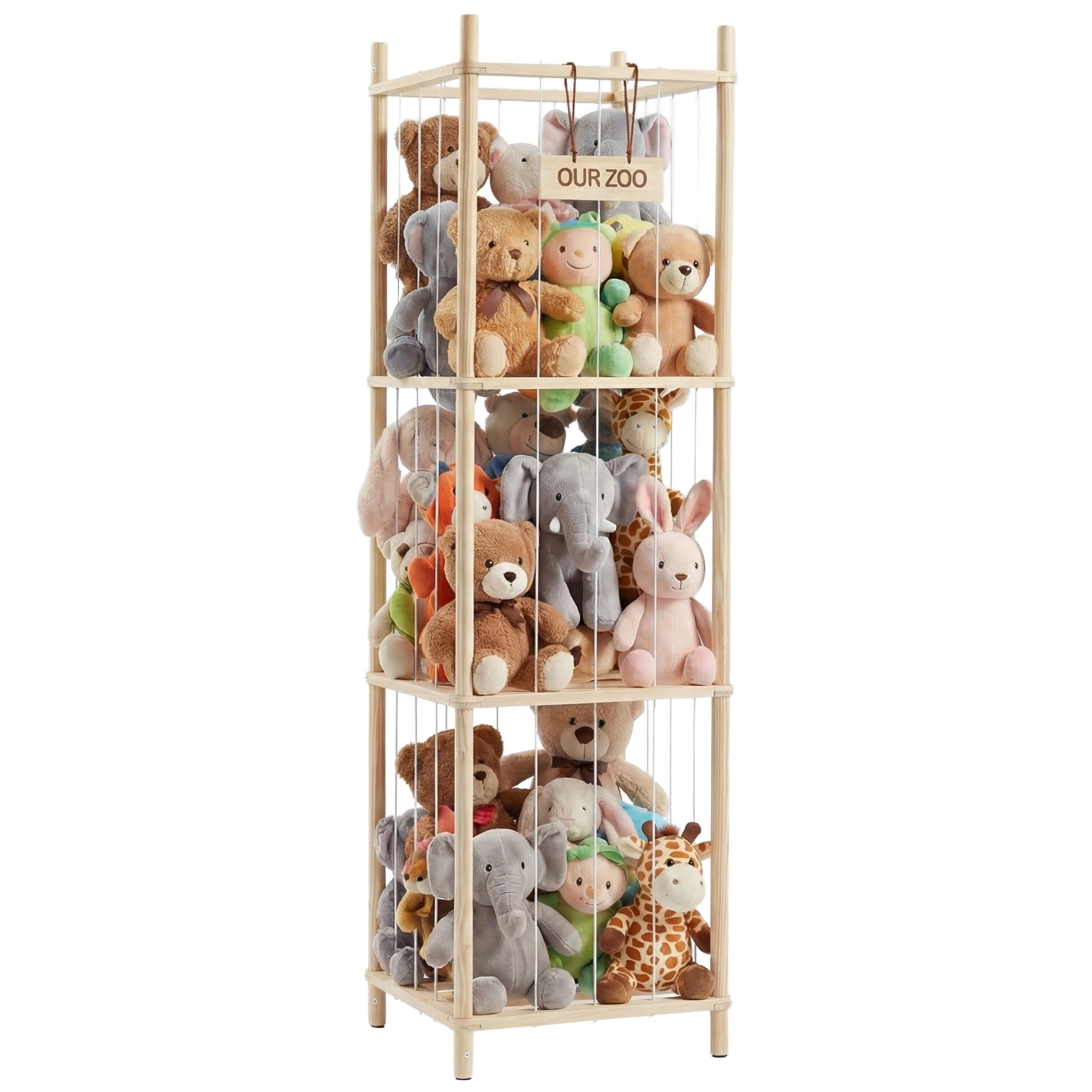 CONCETTA Stuff Toy Storage Organizer, Wooden Toy Holder Cage - Holds 40+ Plush Toys, Sturdy Wood & Steel Screw Construction for Toddler Room, Playroom, Bedroom, Wood