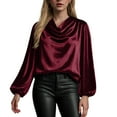 thumbnail image 2 of TTUHYWXI Women's Satin Silky Cowl Neck Drape Ruched Front Long Sleeve Blouse Shirt Top (, S), 2 of 7