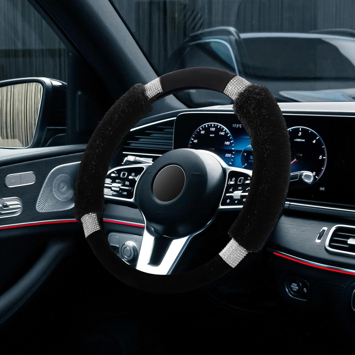 Rhinestone Fluffy Steering Wheel Cover Comfortable Non-Slip Luxury Faux Wool, Universal Fit for 14.5-15 Inches Steering Wheels