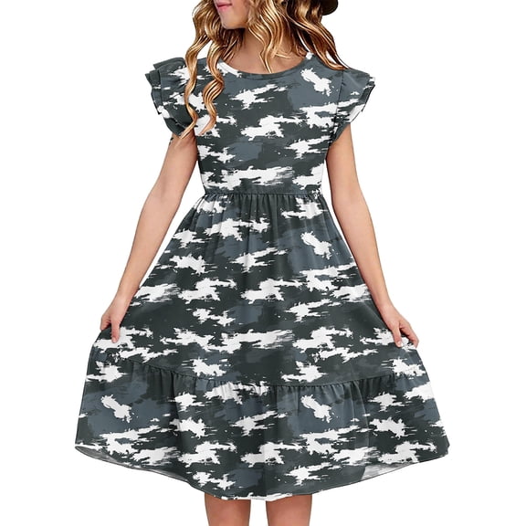 Avrntaa Girls' A-Line Swing Dress for Summer Short Sleeve Ruffle Casual Midi Dress Crewneck Sizes 5-14Y