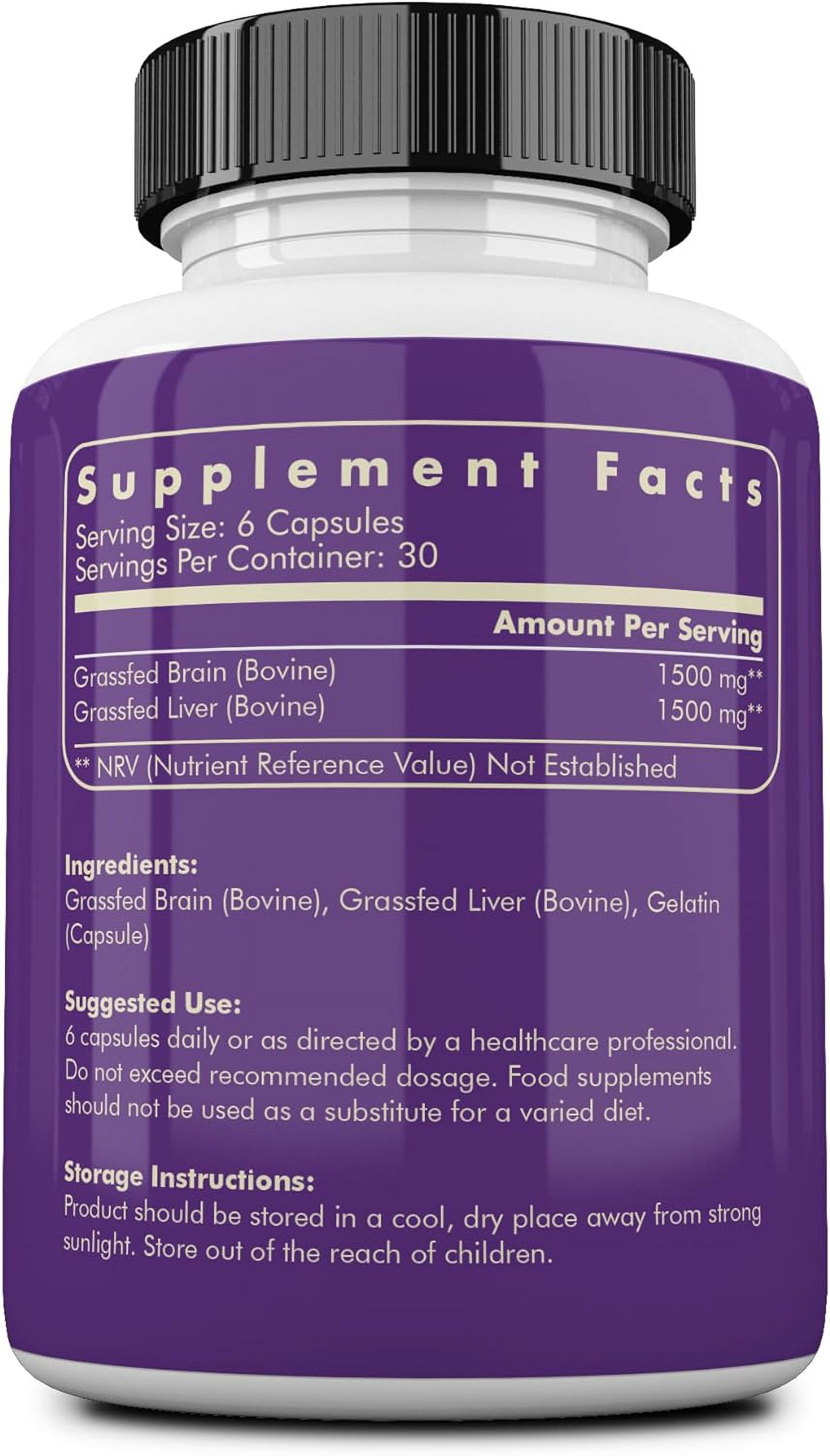Ancestral Supplements Grass Fed Beef Brain Supplement with Beef Liver, Whole Food Brain Support Promotes Brain, Mood, and Memory Health, Brain and Liver Health Formula Capsules, Non-GMO, 180 Capsules