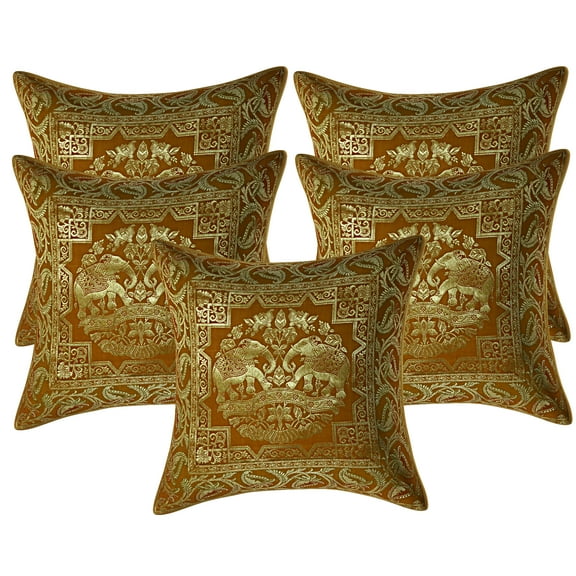 Stylo Culture Indian Decorative Sofa Brocade Mustard Yellow And Gold Throw Pillow Covers 16x16 Jacquard Weave Banarasi Accent Pillow Cases Elephant Floral 40x40 cm Cushion Covers (Set Of 5)