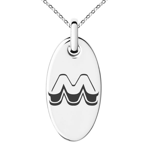 Stainless Steel Letter M Initial 3D Monogram Engraved Small Oval Charm Pendant Necklace
