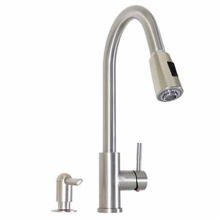 BETTER HOMES & GARDENS ELMONT HIGH SPOUT SINGLE HANDLE PULL DOWN KITCHEN FAUCET WITH SOAP DISPENSER, SATIN NICKEL