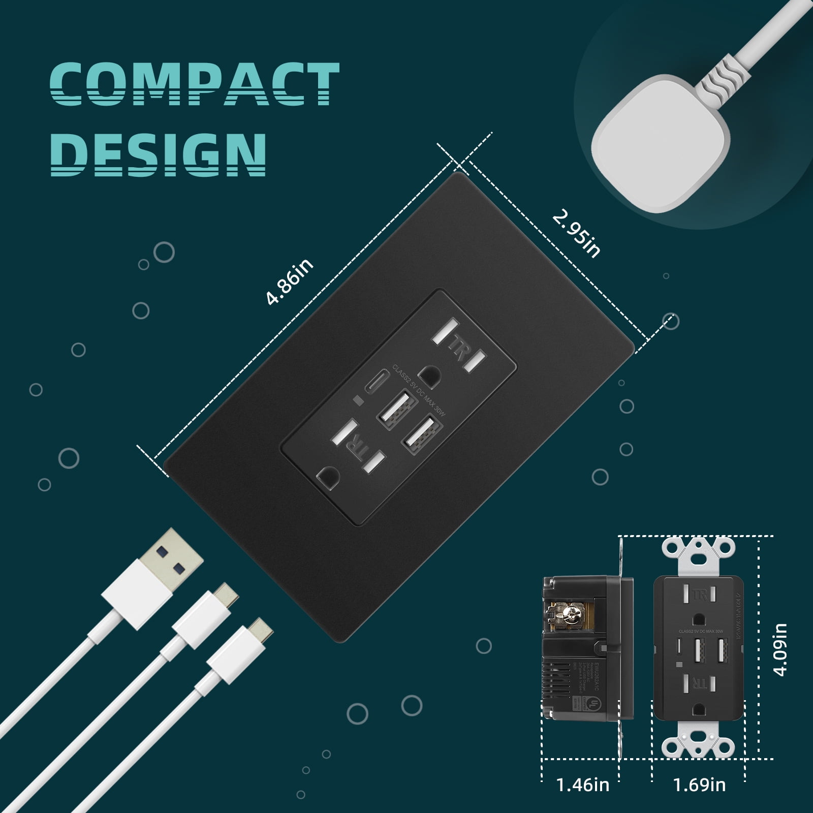 TOPELER Black USB Wall Outlet, 6.0A USB A&C Ports 15A TR Receptacle, UL FCC Listed, Screwless Plate Included, 2 pack
