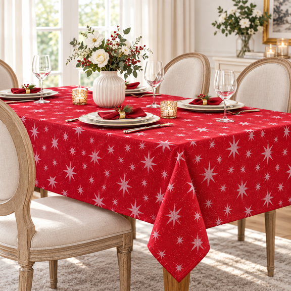 decorUhome Waterproof Christmas Tablecloth, 52 x 70 inch Decorative Rectangular Table Cover, Washable Table Cloth for Party, Red with White Star
