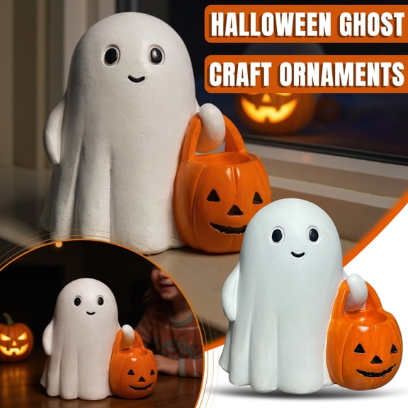 Halloween Spooky Cute Ghost Pumpkin Lantern Resin Figurine Halloween Tabletop Decor for Shelf Mantel Home Party Festive Accent Display
