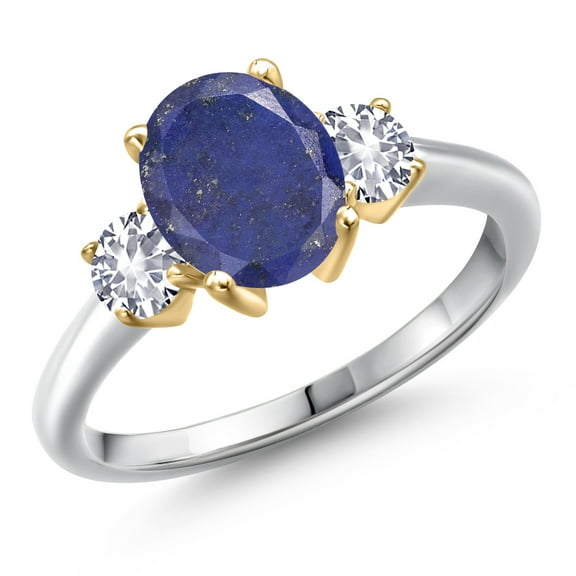 Gem Stone King 925 Silver and 10K Yellow Gold Blue Lapis and White Created Sapphire Engagement Ring for Women | 2.50 Cttw | Oval 9X7MM | Gemstone Birthstone | Size 6