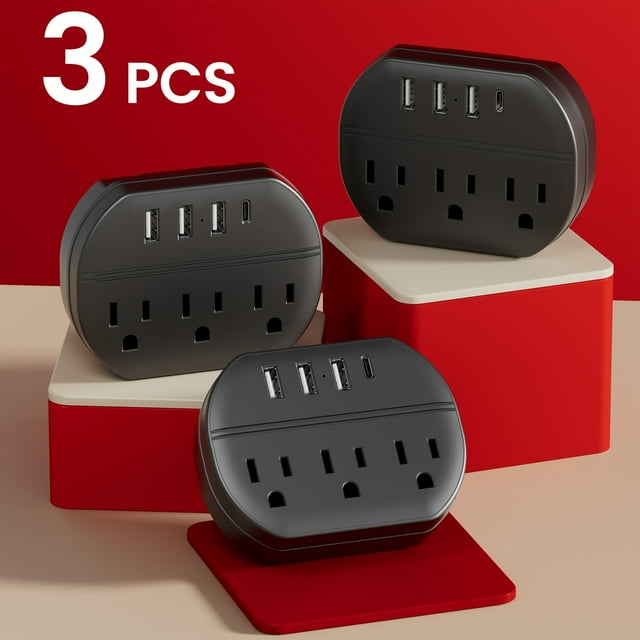 LEEYNEER 7-in-1 Power Strip with USB Ports 3 USB-A & 1 USB-C Ports 3 AC Socket Outlets - Compact Portable Wall Socket for Home Office Travel - Multi-Device Charging & Heating Rectan