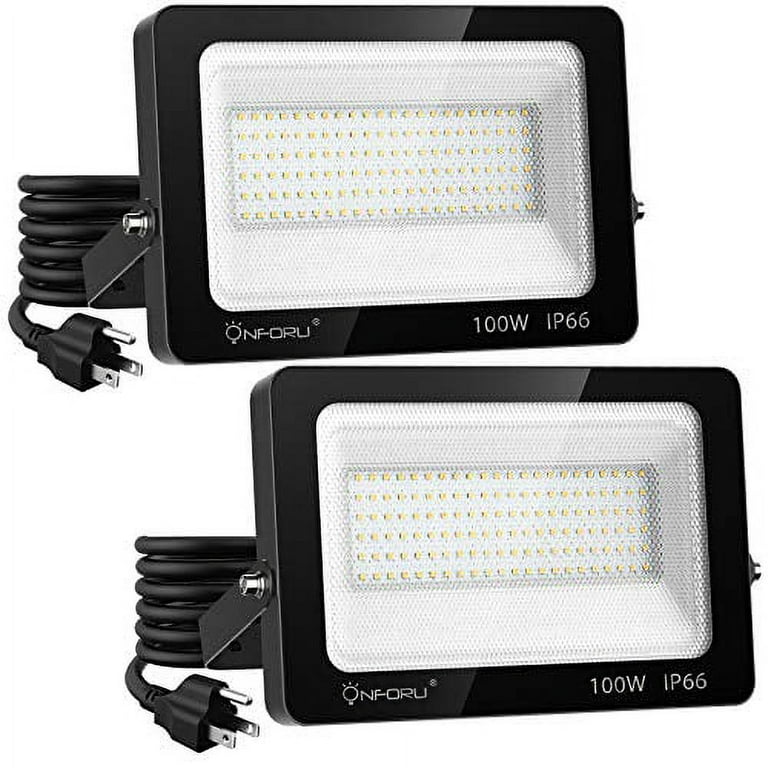 Onforu 2 Pack 100W LED Flood Light with Plug, 10000lm Super Bright LED Work  Light,IP66 Waterproof Outdoor Security Lights,5000K Daylight White