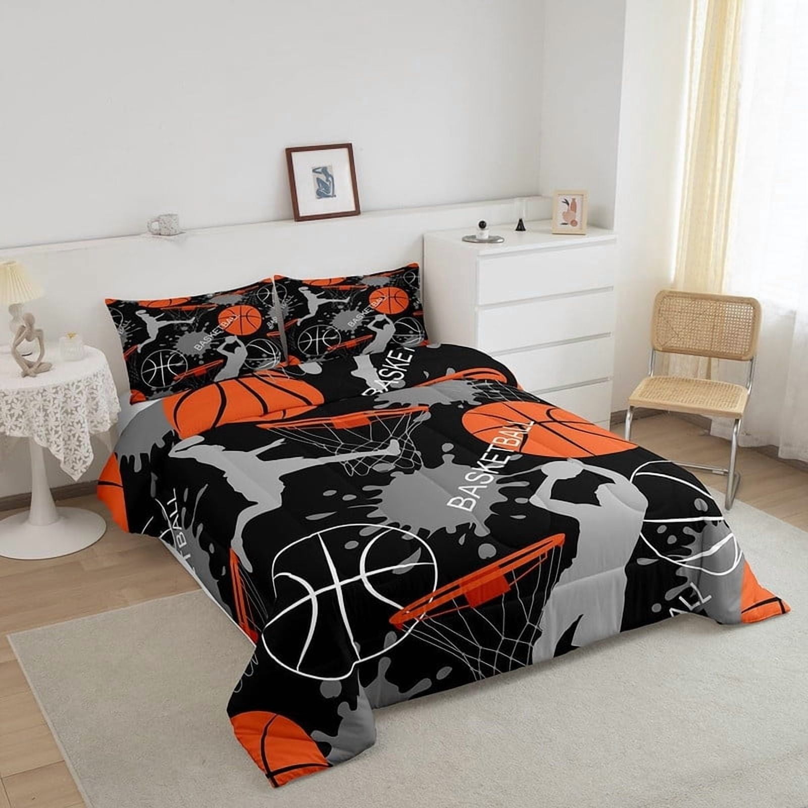 Basketball Comforter Set Twin Size - Black & Orange Sports Bedding for Boys & Teens, Soft Duvet Cover with Pillowcases, Cool Basketball Room Decor for Kids