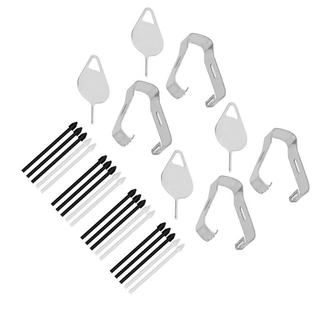 juego de 4 puntas de repuesto para s pen, instalación sencilla, puntas duraderas para s pen para samsung note 10 lite n770 Vista frontal sobre fondo blanco con 20 puntas de ABS en negro y blanco colocadas en filas, cuatro pinzas extractoras metálicas tipo gancho y cuatro herramientas planas. Compatible con S Pen para Samsung Note 10 Lite N770, instalación sencilla y reemplazo rápido; accesorio para tablets, a menudo usado para llevar puntas extra en viajes.