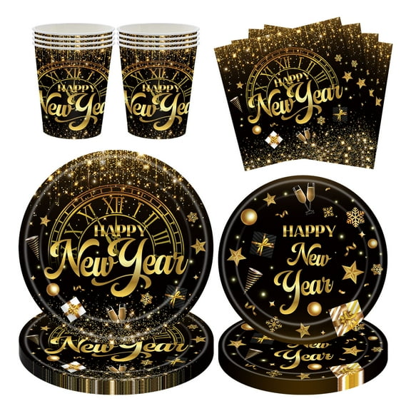 WODJR 80Pcs New Year Tablewares New Year Party Decorations New Year Plates Napkins Cups 2026 New Year Disposable Tableware for New Year Winter New Year Eve Party Supplies