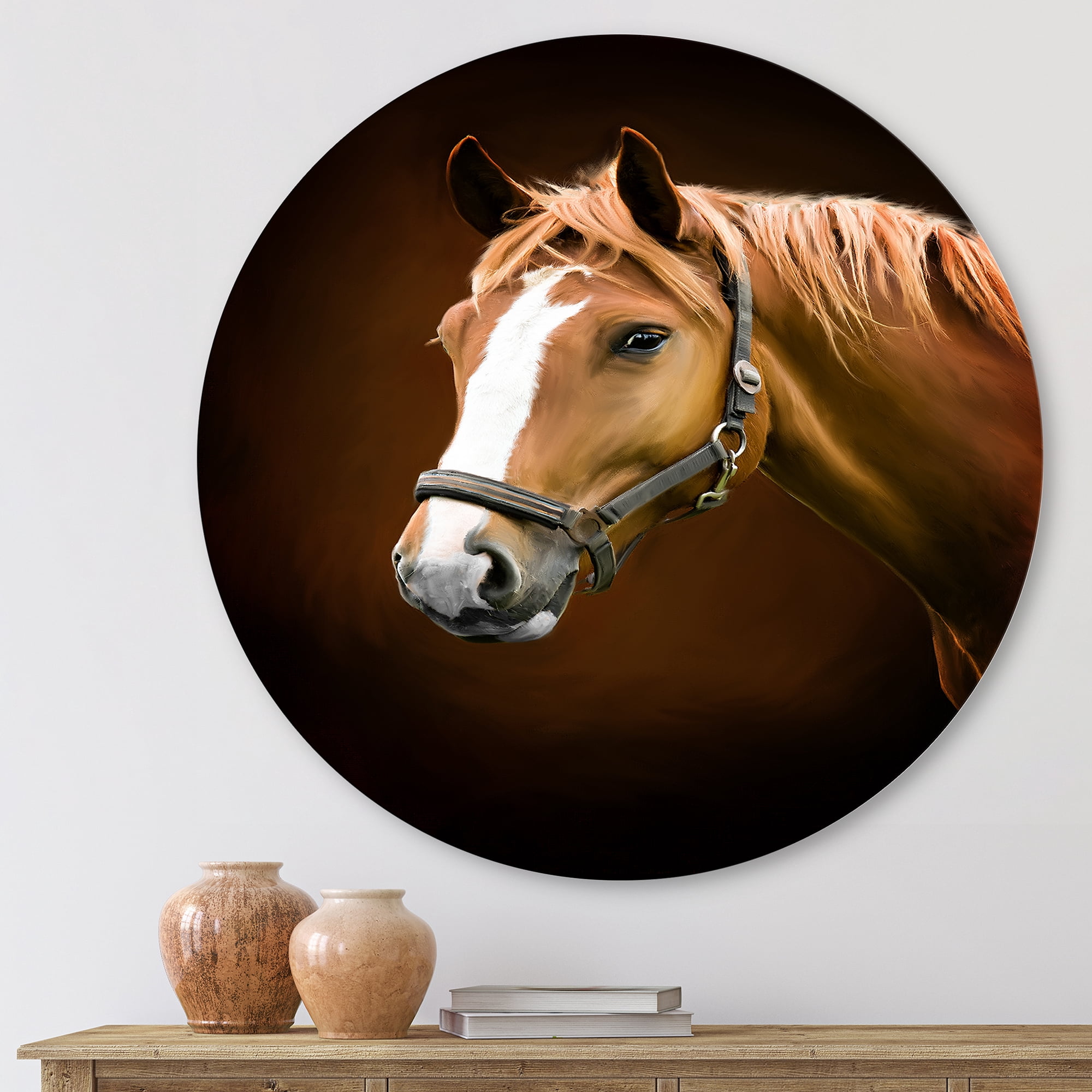 Designart 'Brown Horse With White Nose Portrait' Farmhouse Circle Metal Wall Art 11x11 - Disc of 11