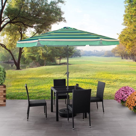 Parasol de terrasse rond inclinable CorLiving de 3 m (10 pi) à rayures, avec rabats latéraux et structure en acier, vert/bleu/blanc cassé