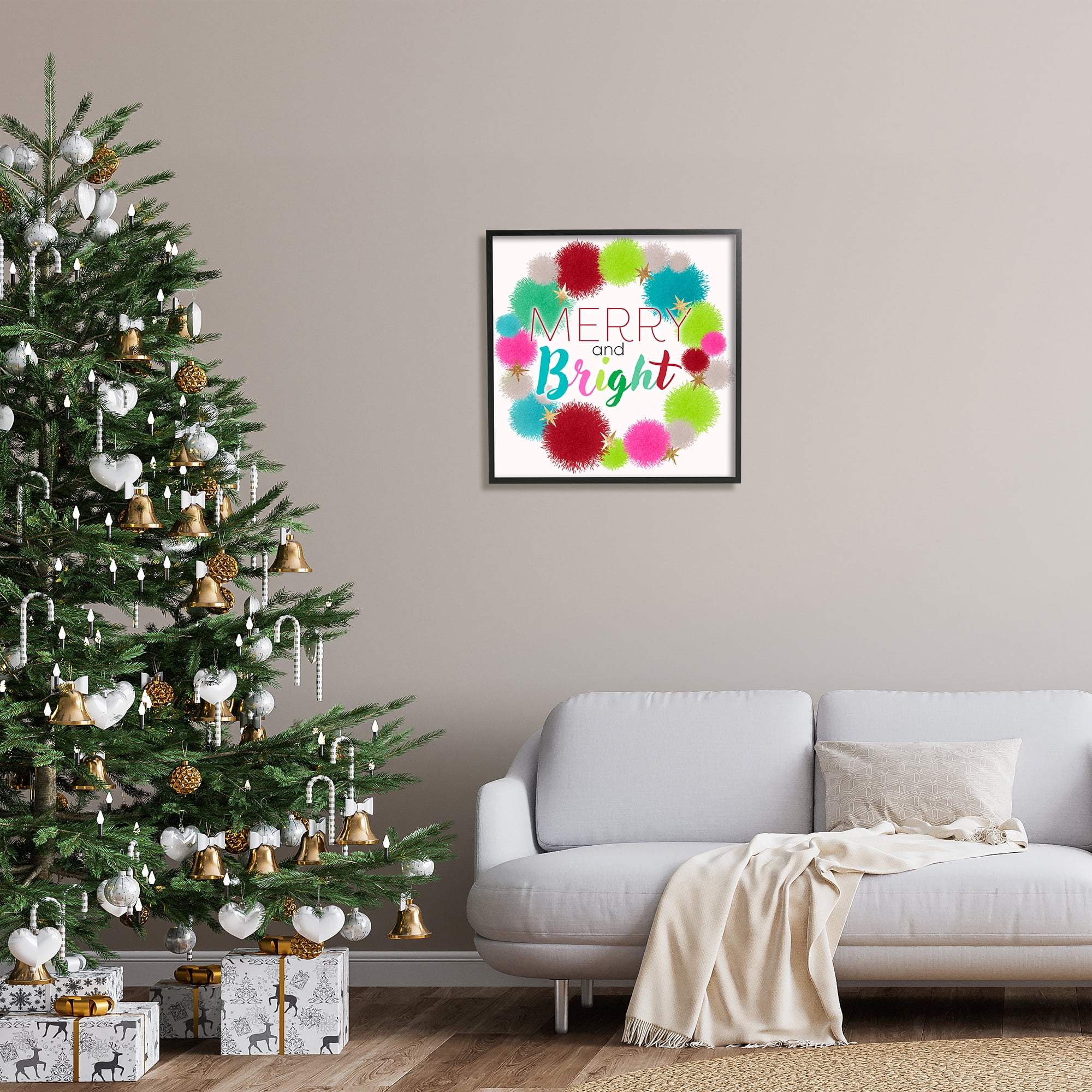 Stupell Industries Merry & Bright Fun Wreath Holiday Painting Black Framed Art Print Wall Art