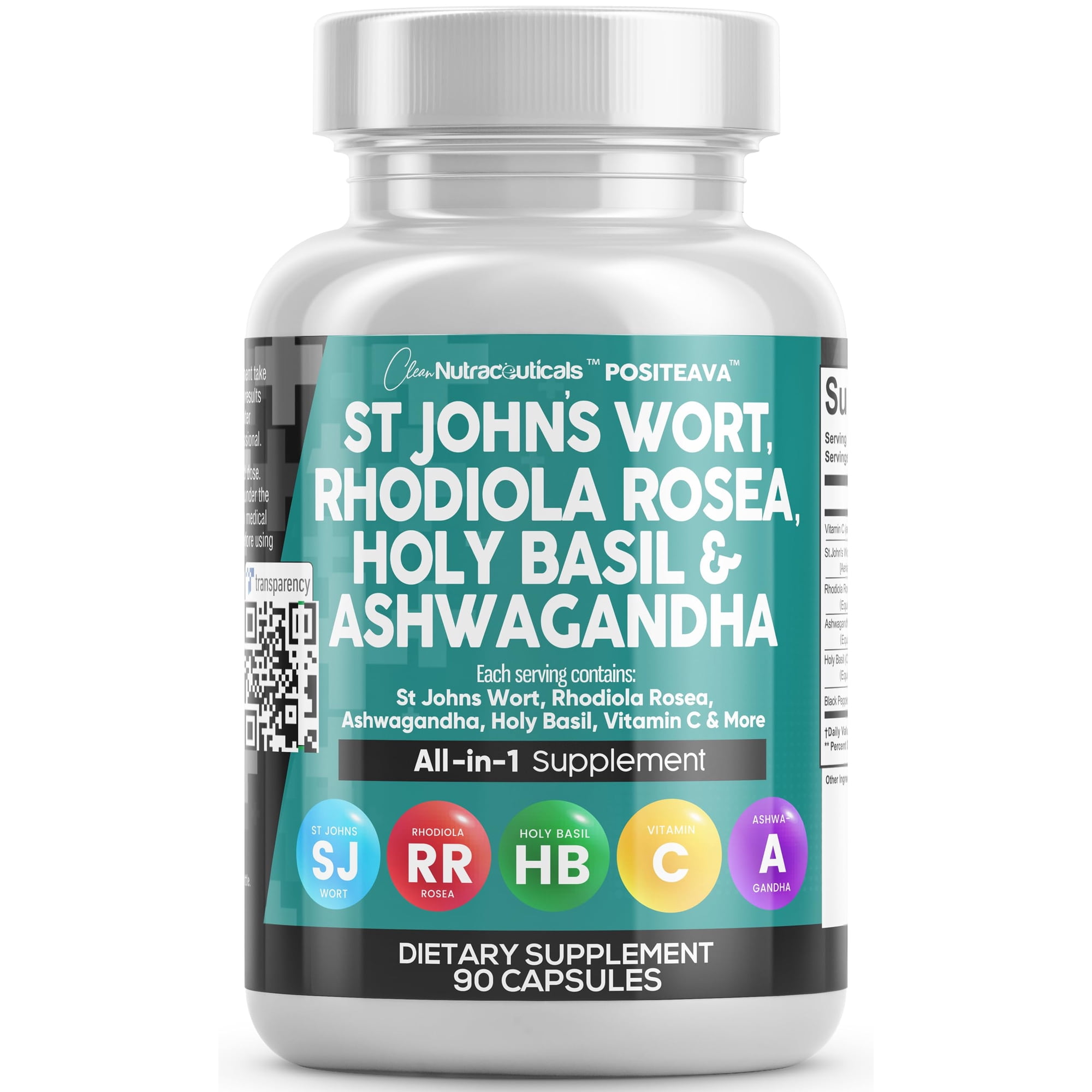 Clean Nutraceuticals St Johns Wort Rhodiola Rosea Holy Basil Ashwagandha - Mood Support for Women and Men with Vitamin C & Black Pepper Extract - 90 Caps