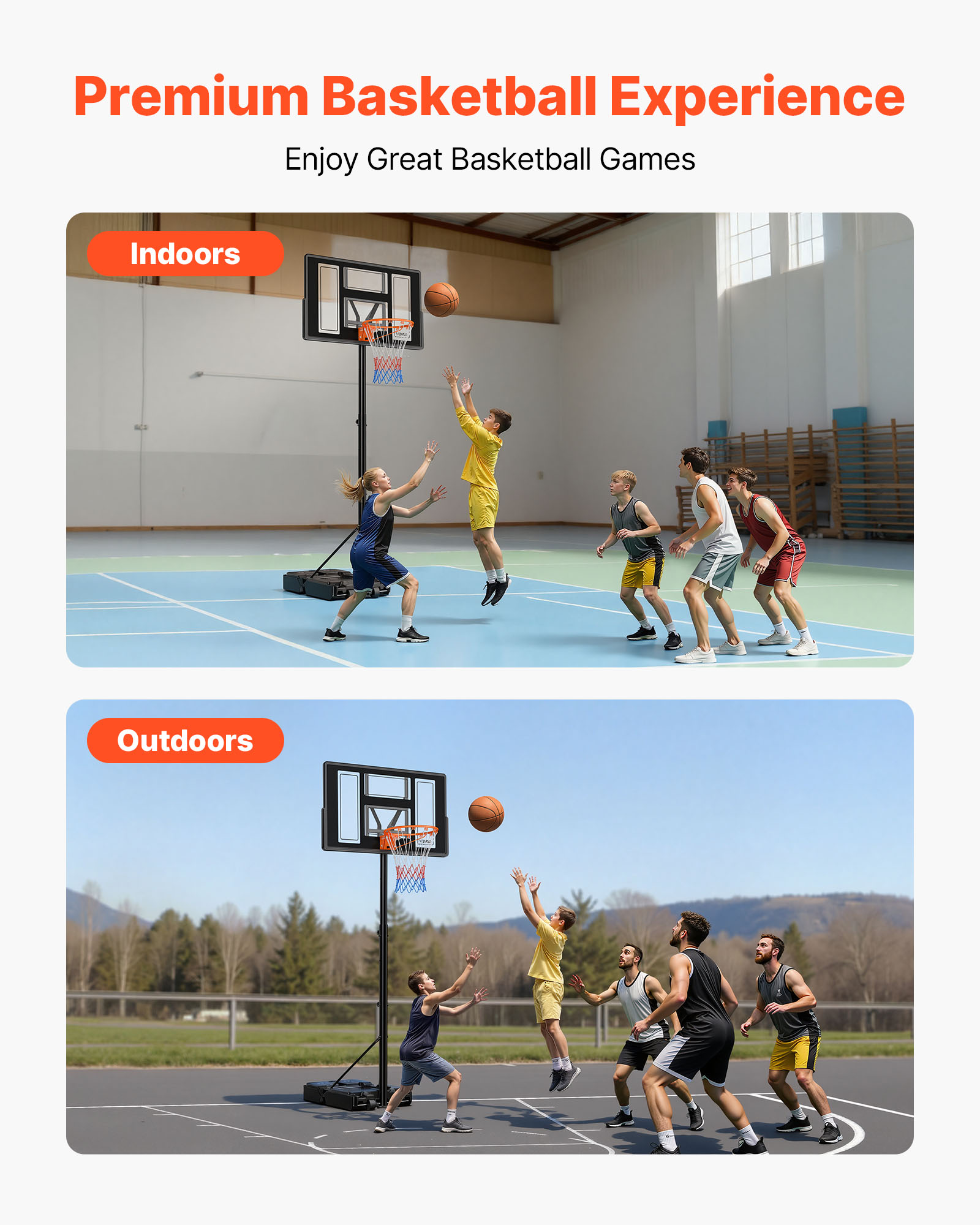 VEVOR Portable Basketball Stand, 4.4 ft to 10 ft Height Adjustment Basketball Hoop & Goal, Adjustable Basketballs Goal System with Built-in Rolling Wheels for Kids, Teens, Adults in Driveways, Pools