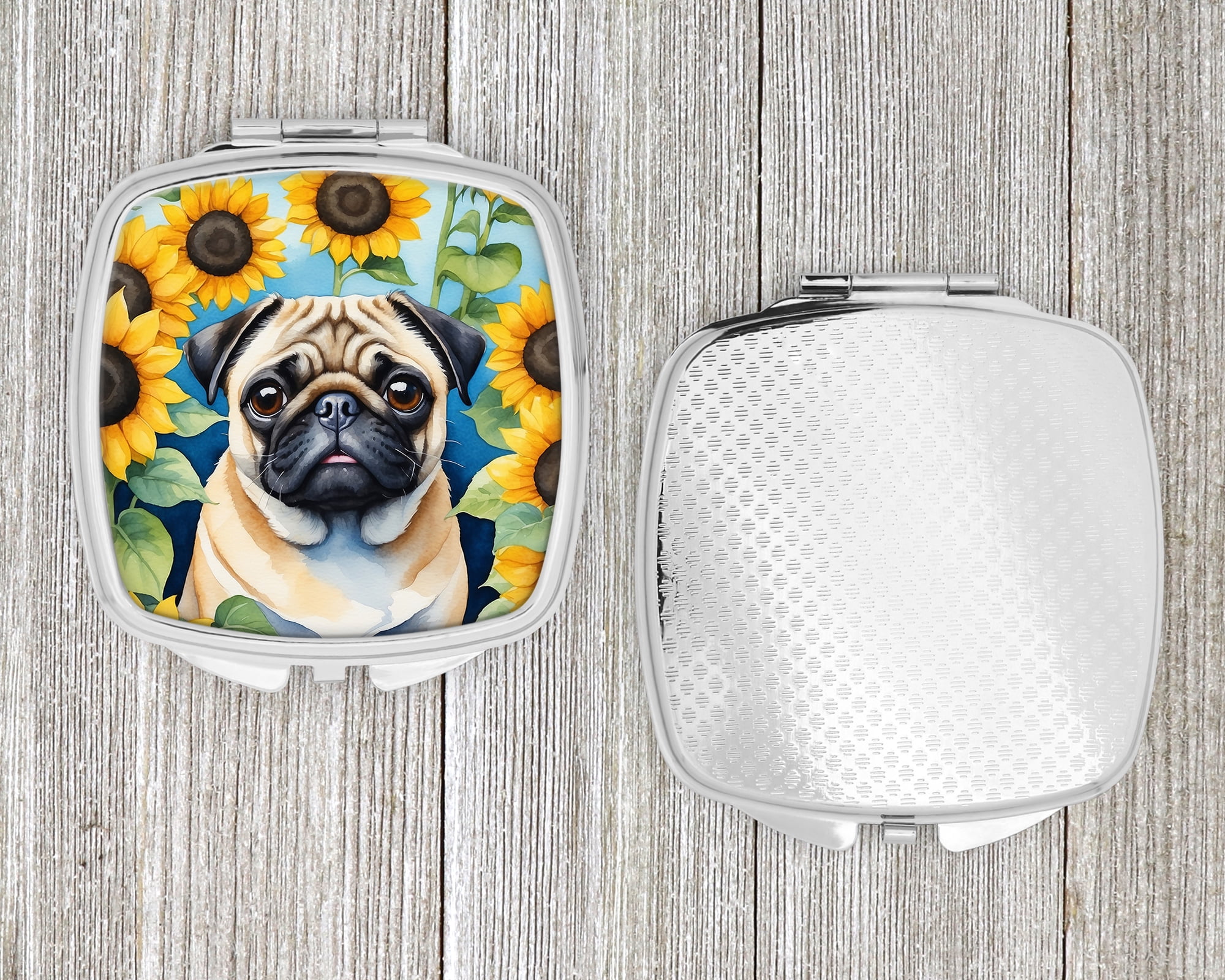 Pug in Sunflowers Compact Mirror 2.75 in x 3 in
