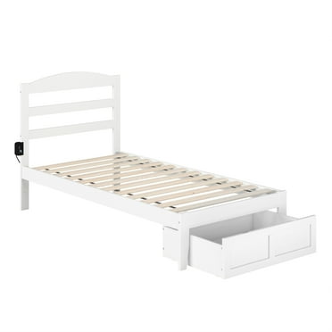 AFI Warren Solid Wood Twin Bed with Foot Drawer and USB Charger in White