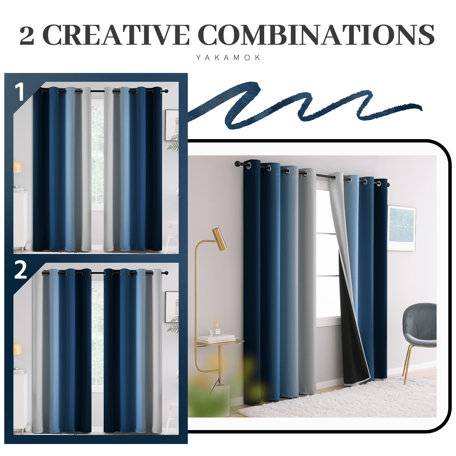 Yakamok Modern Blue Floral Ombre Grommet Blackout Curtains, 52" x 63" (2 Panels)