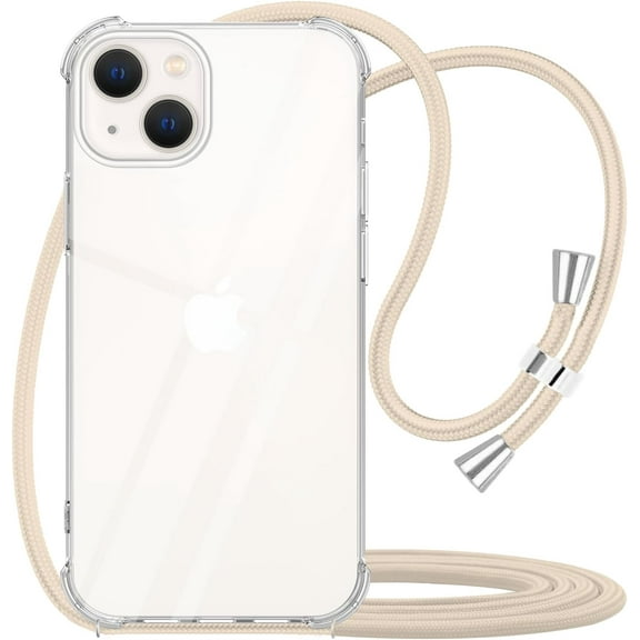 for iPhone 13 Mini Clear Case with Adjustable Lanyard Neck Strap,Crossbody Phone Case for iPhone 13 Mini,Transparent Soft TPU Anti-Yellowing Shockproof Protective Cover 5.4 inch - Beige