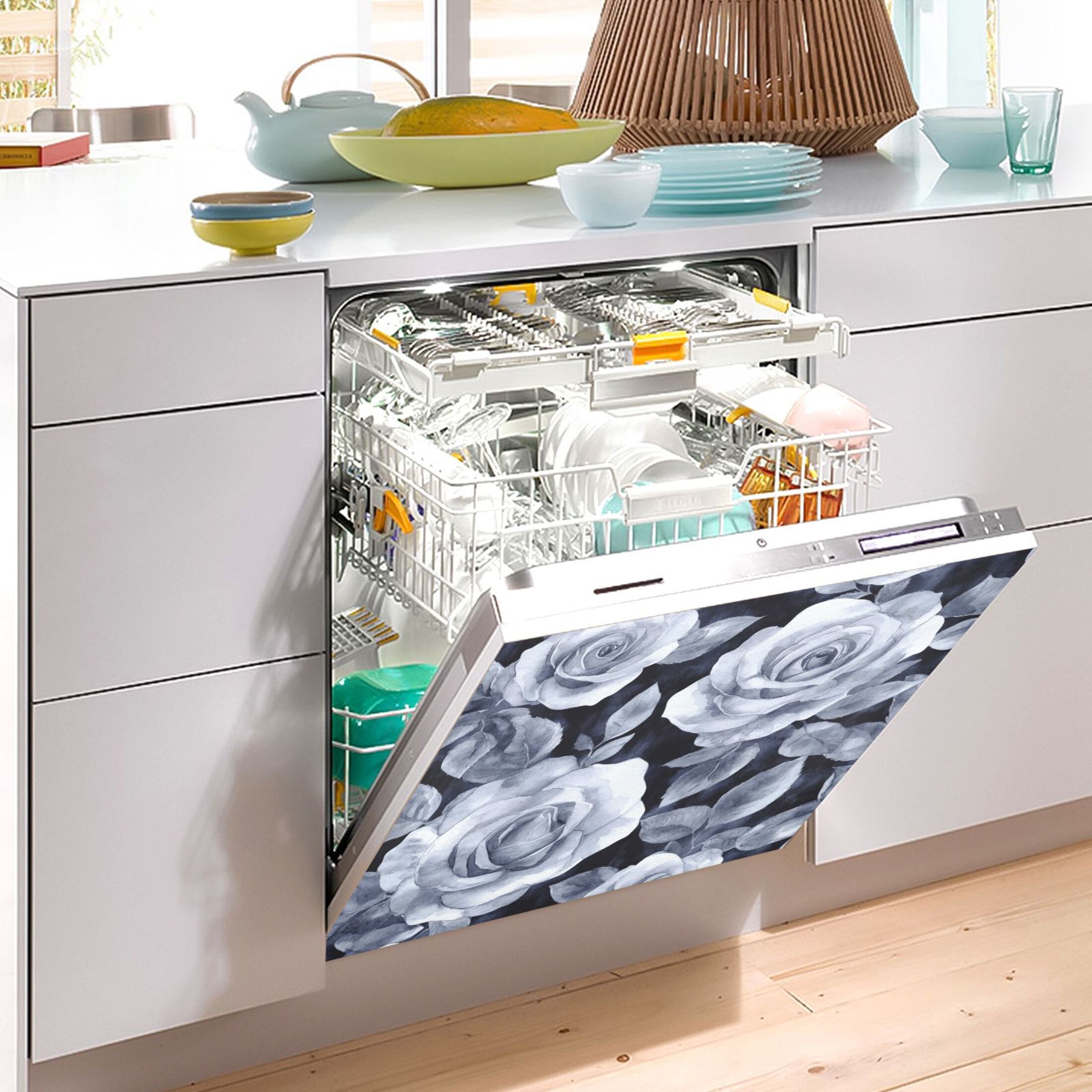 Dishwasher Magnetic Sticker 23x26 Inch Refrigerator Magnetic Sticker Washing Machine Magnetic Sticker Kitchen Panel Magnetic Sticker Home Decor Cartoon Gray Roses Seamless