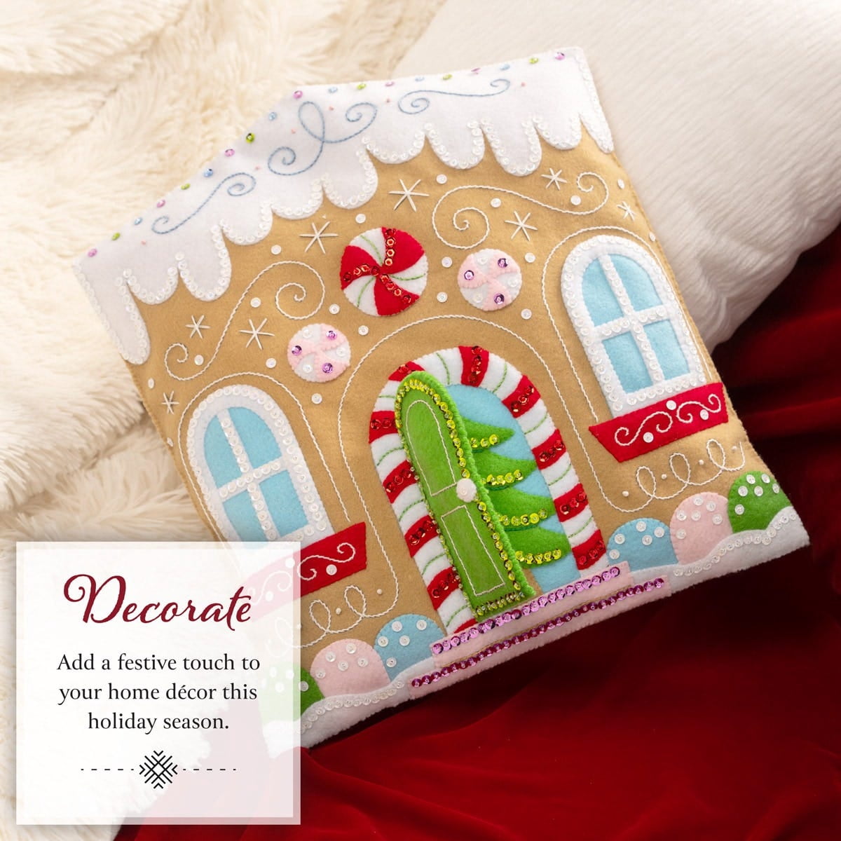 Bucilla Gingerbread Cottage 12 x 13.75 in Felt Applique Pillow Kit