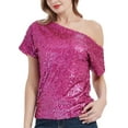 thumbnail image 1 of Womens Short Sleeve One Shoulder Sparkly Glitter Sequin Top Shirt, 1 of 5