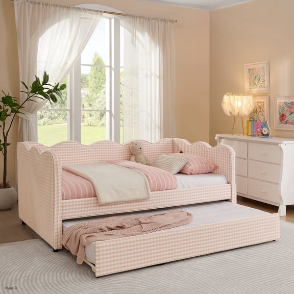 Twin Size Gingham Daybed with Trundle, Wave Shaped Sofa Bed with USB Port, No Box Spring Needed