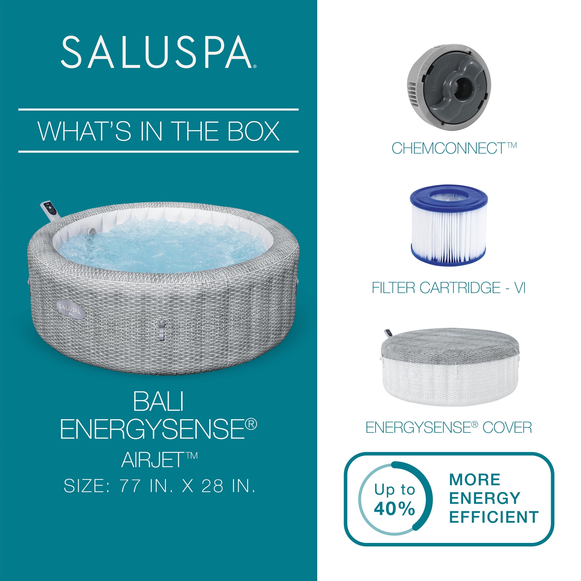 Bestway SaluSpa Bali 4-6 Person Inflatable Hot Tub, Round Energy-Efficient Spa, 77"x28"