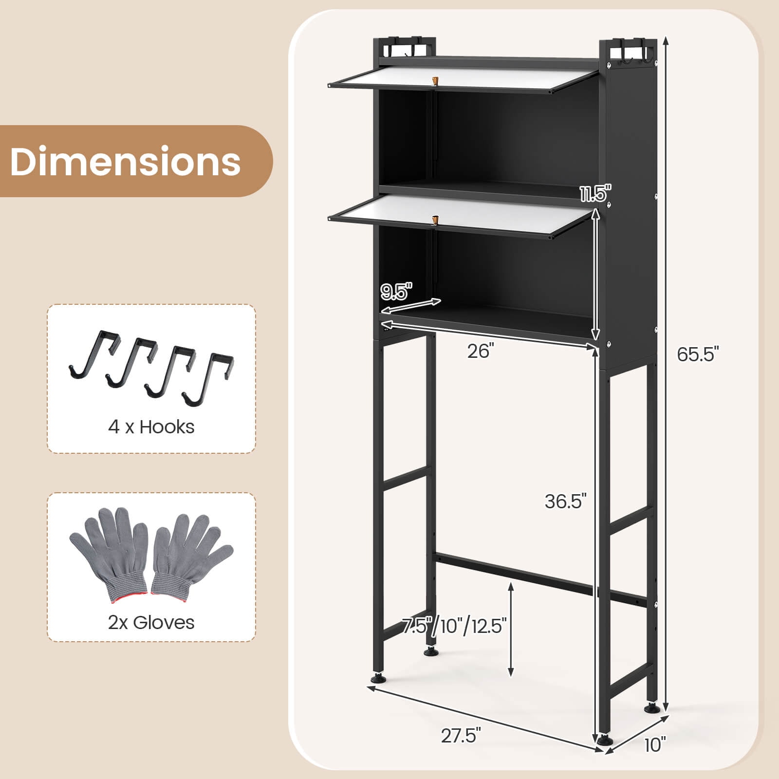 Costway 66” Bathroom Organizer with 2 Flip-up Cabinets, See-through Fluted Doors, 4 Hooks Black
