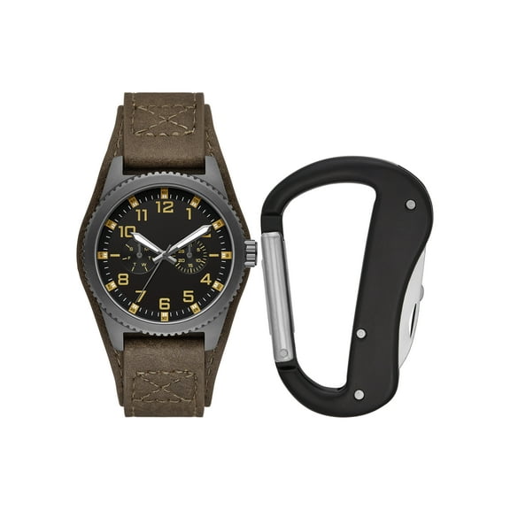 Mens Brown Strap Gunmetal Round Analog Watch with Black Multi-tool Carabinier and Travel Bag