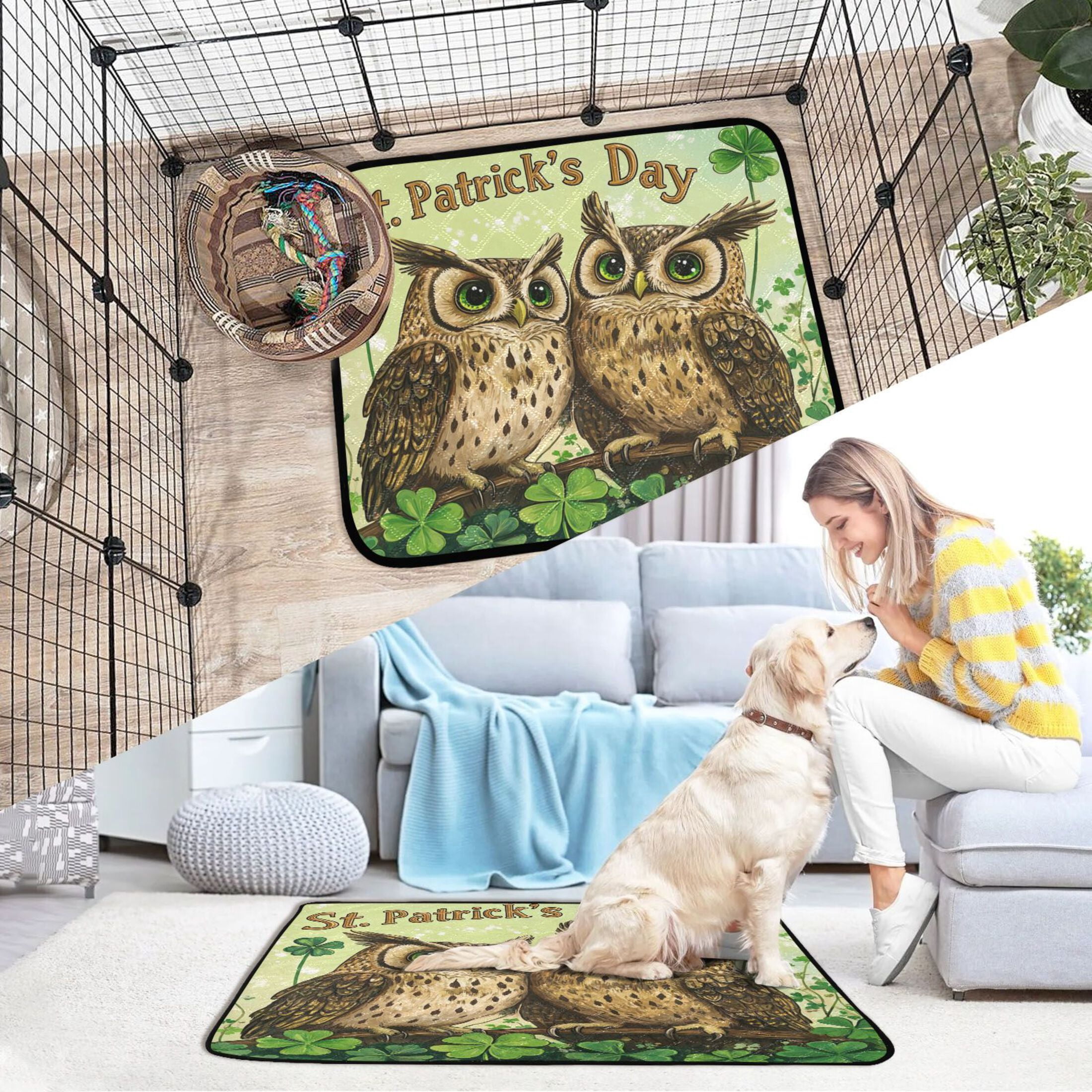 Qxltty Stpatricks Day Cute Owls Cat litter Pads Pet Set of 3 Diaper Mats Center Anti-leakage Layer Absorbent Soft and Comfortable