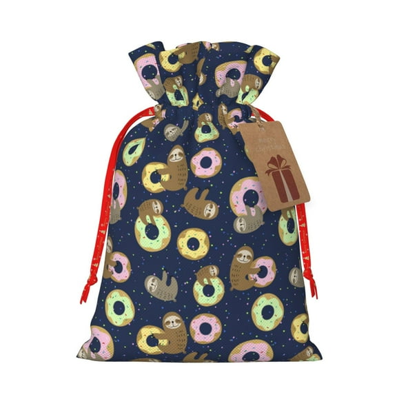 Naloa Sloth with Donuts Drawstring Christmas Bags, 3D Xmas Gift Bags, Christmas Wrapping Bags, Xmas Goodie Bags, Treat Pouch Bags, Party Favor Bags-