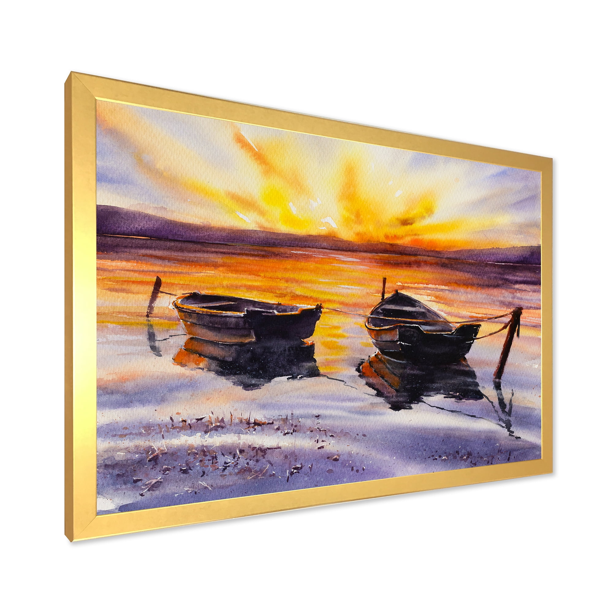 Designart 'Two Small Boats Parking On The Shore and Sunset' Lake House Framed Art Print