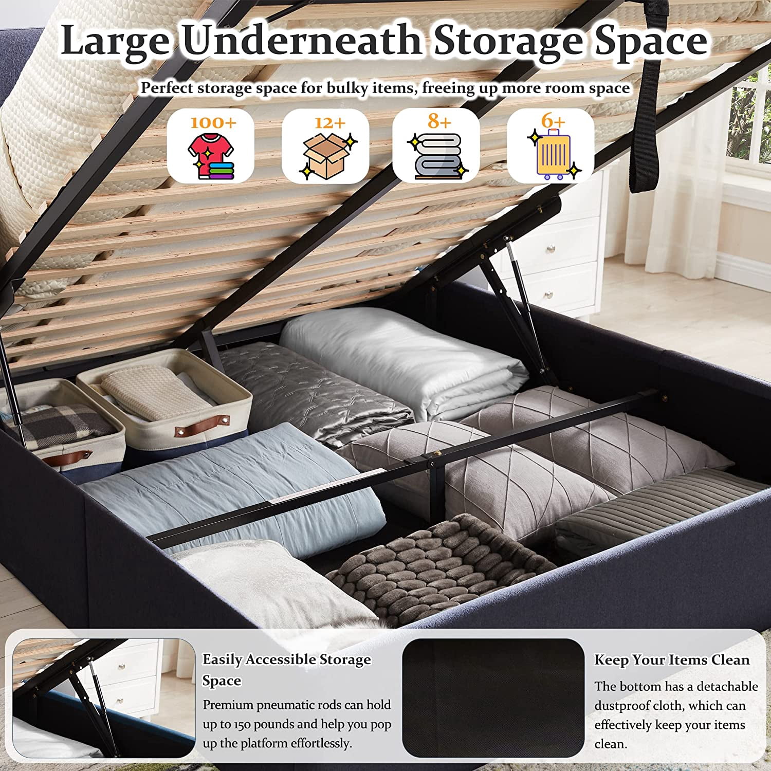 Relax & Rejuvenate Queen Size Lift up Storage Bed, Upholstered Platform Bed Frame with Modern Linen Fabric Wingback Headboard, Wood Slats Support, Noiseless, No Box Spring Needed, Dark Grey