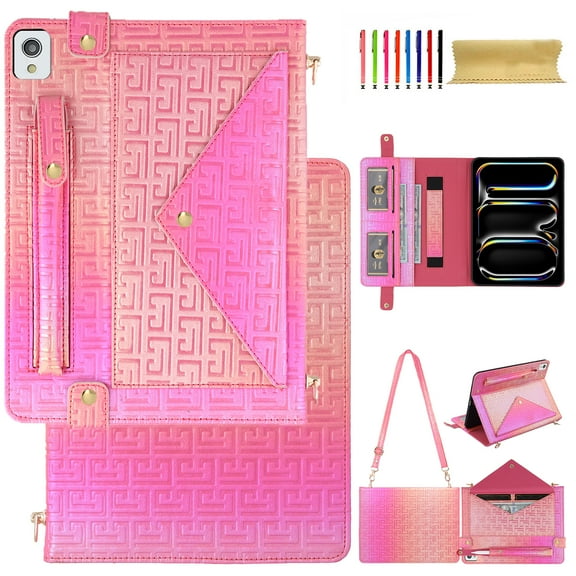 For iPad 10.2" 2021/2020/2019 Pro 10.5"2017 Wallet Case,With Shoulder Strap&Hand Strap With Elastic,[Stylus Slots&Envelope Pocket,Card Slots],Flip Folio Stand PU Leather Shockproof Cover,Rose