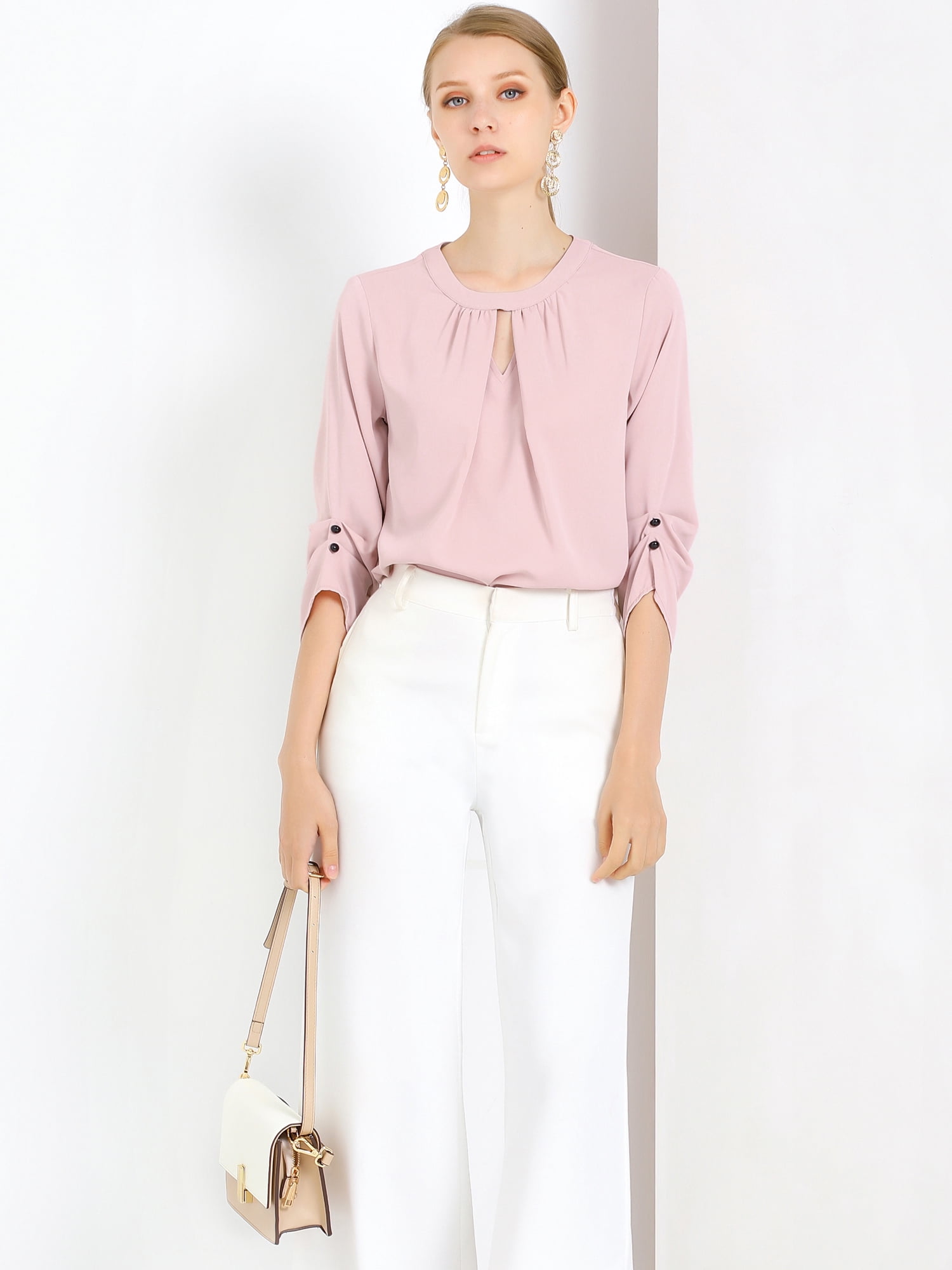 DARING DIVA 3/4 Sleeve Round Neck Keyhole Pleated Tops 3XL Pink
