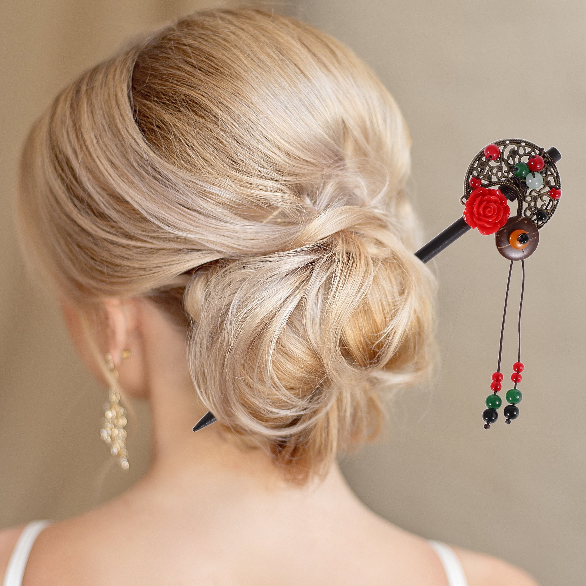 Unique Bargains Hair Chopstick for Women Black Red 1 Pc [Retro Style]