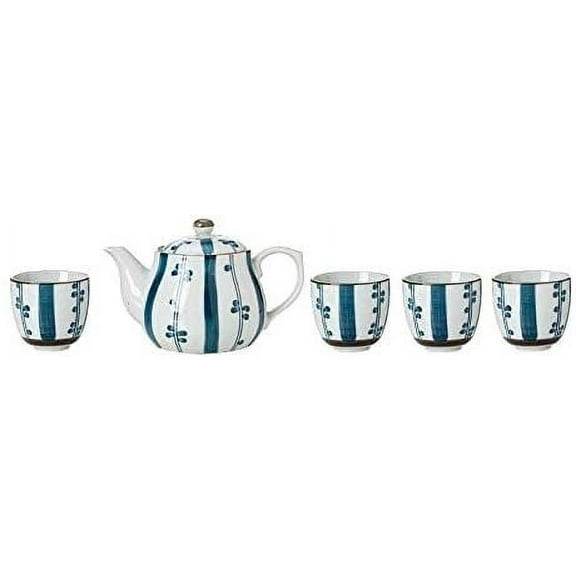 TJ Global Chinese Japanese Porcelain Tea Set with Simple Blue Design, 100% Handmade Traditional Tea Ceremony Set with Teapot and 4 Teacups