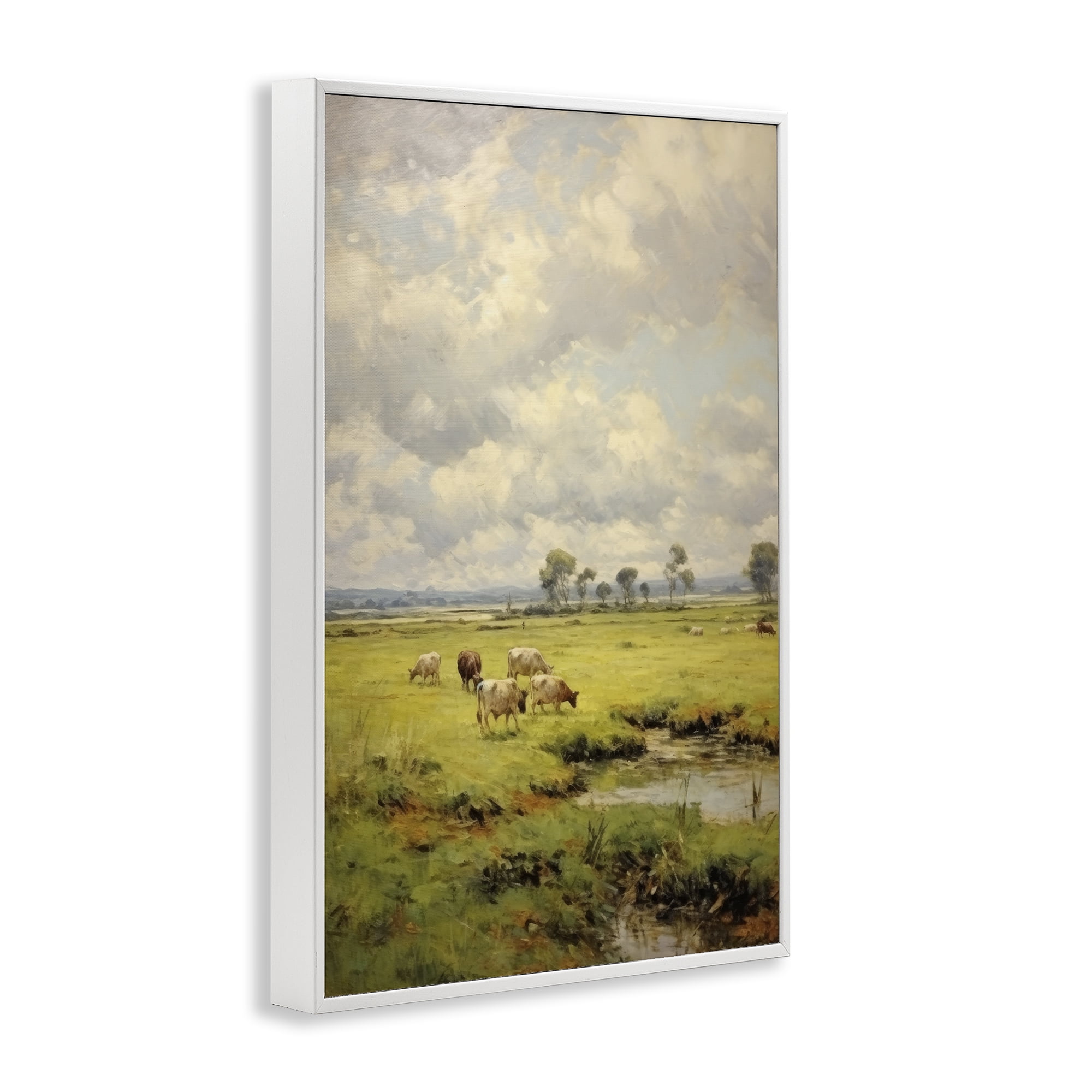 Stupell Industries Grazing Cows Countryside Landscape Painting White Framed Art Print Wall Art, 12 x 18