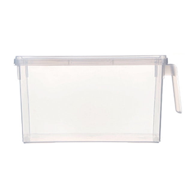 caja organizadora hermética para refrigerador, contenedor de cocina con tapa rectangular (4.5l, material pp transparente) - empaque opp Vista frontal centrada de caja rectangular transparente de 4.5 L con tapa ajustada y asa lateral; cuerpo de PP translúcido, borde superior con cierre que fija la tapa, apilable y adecuada como organizador de despensa o alacena.