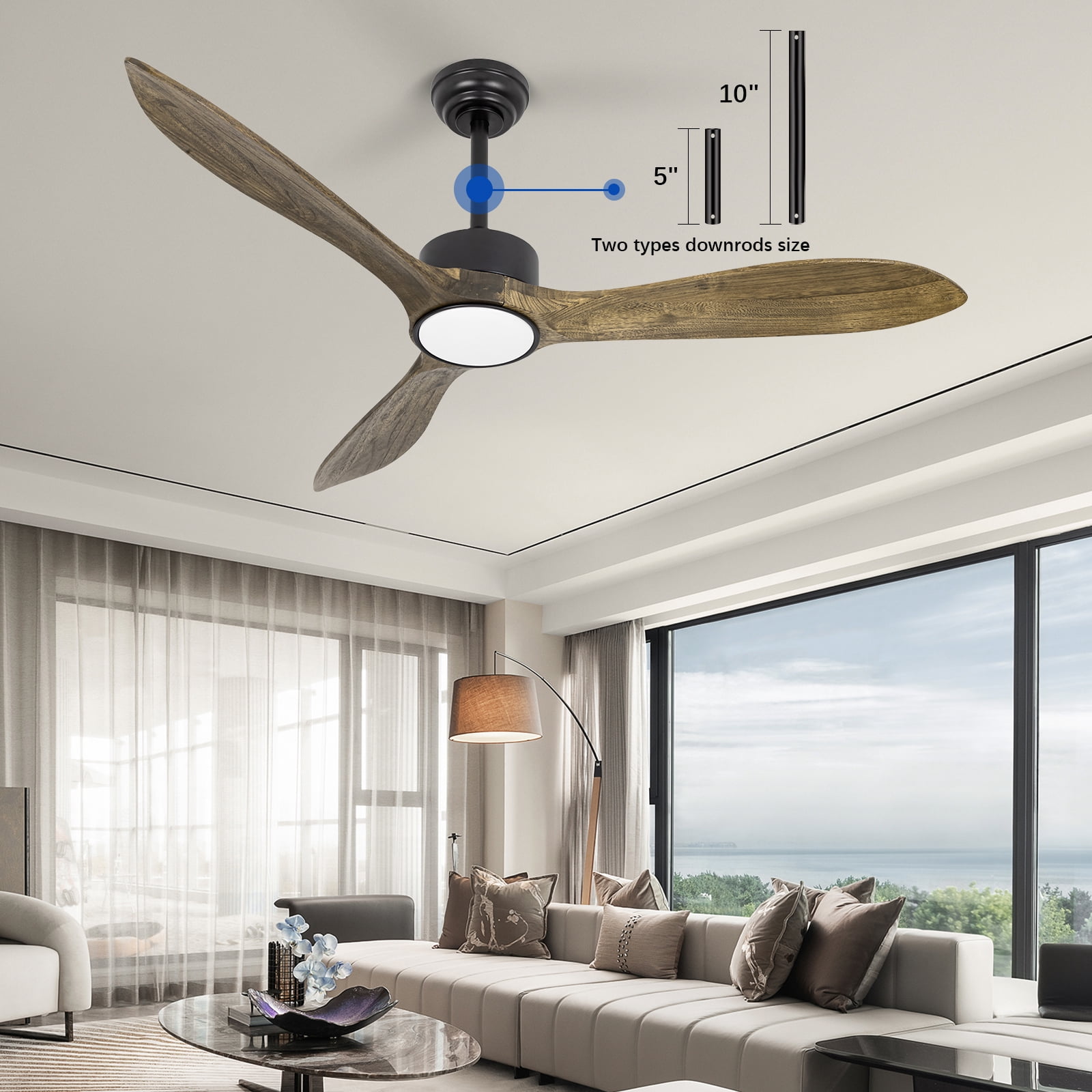 Wozzio 52 inch Ceiling Fan with Light and Remote,DC Motor,3CCT Dimmable LED Light,3 Amber Wood Blades,Indoor & Outdoor