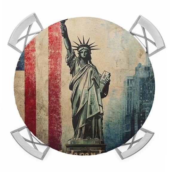 Happy Independence Day Round Table Cover, Patriotic Statue of Liberty Waterproof Fitted Tablecloths for 55"-60" Tables, Washable Picnic Table Cover for Camping Dining Indoor Outdoor
