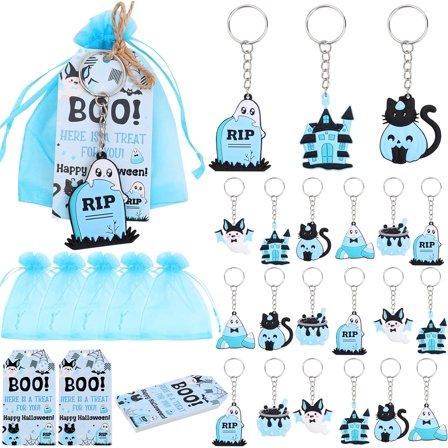 Halloween Baby Shower Party Favors, 36pcs Halloween Party Favors Include Witch Bat Pumpkin Keychains, Thank You Tags with Blue Organza Bags for Halloween Baby Shower Birthday Party