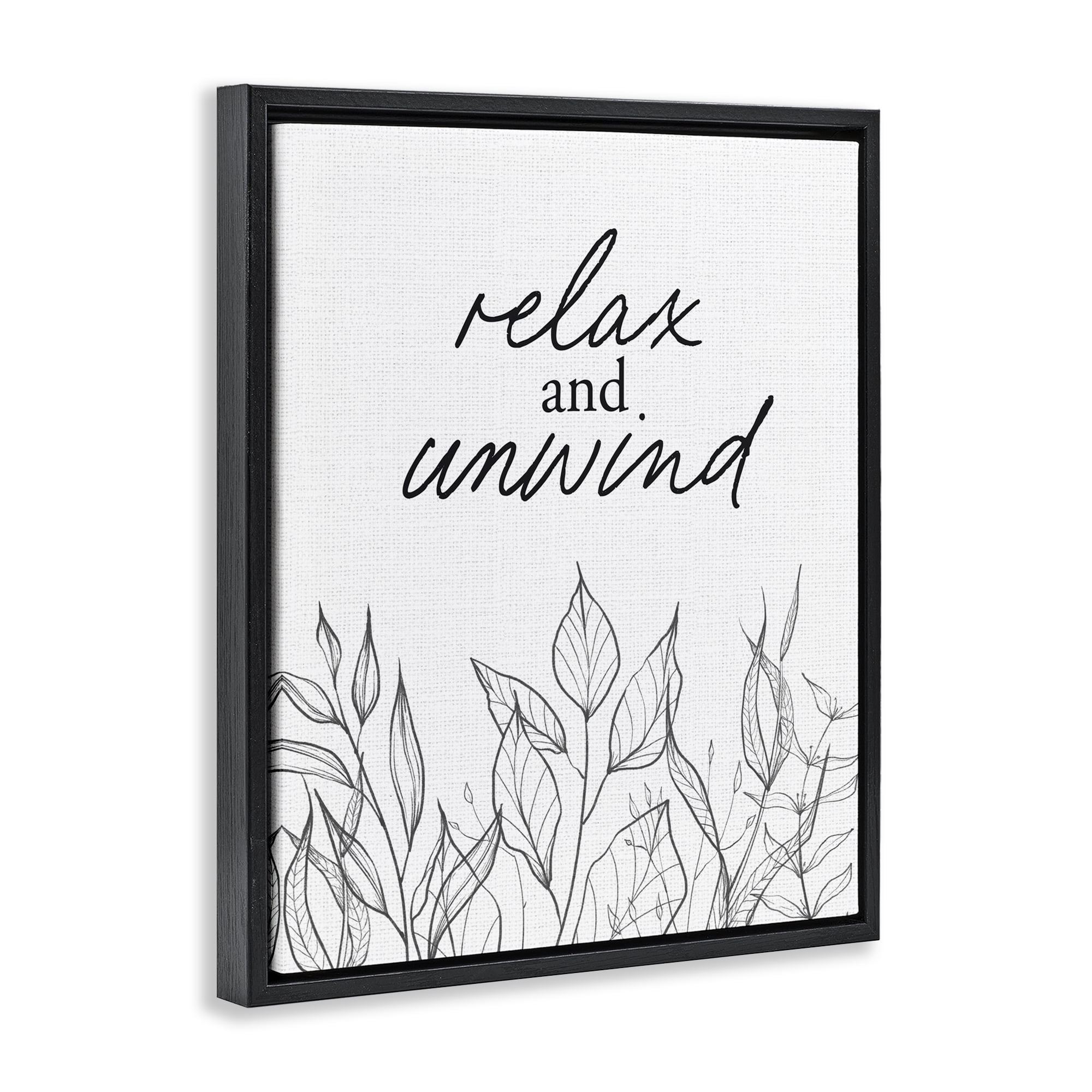 Relax Unwind Minimalist Leaves Black Framed Floater Canvas Wall Art, design by Lettered and Lined